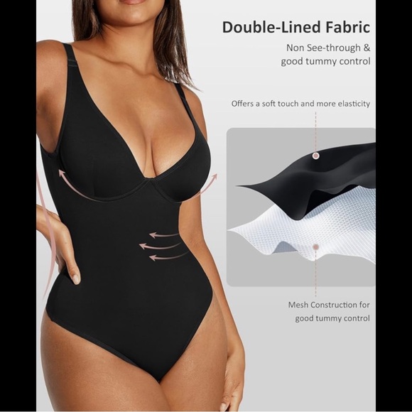 Black Tummy Control Body Suit Deep V Neck/Thong Body Shaper BY Feeling Girl - Picture 2 of 6